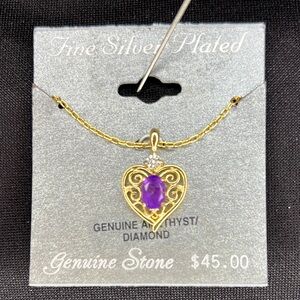 Gold Heart Pendant Necklace with Diamond and Amethyst